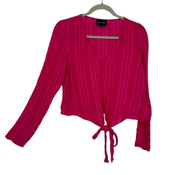 Line & Dot Briana Button Up Crop Top size Medium Pink Crepe Tie waist Long Slv - Picture 1 of 10